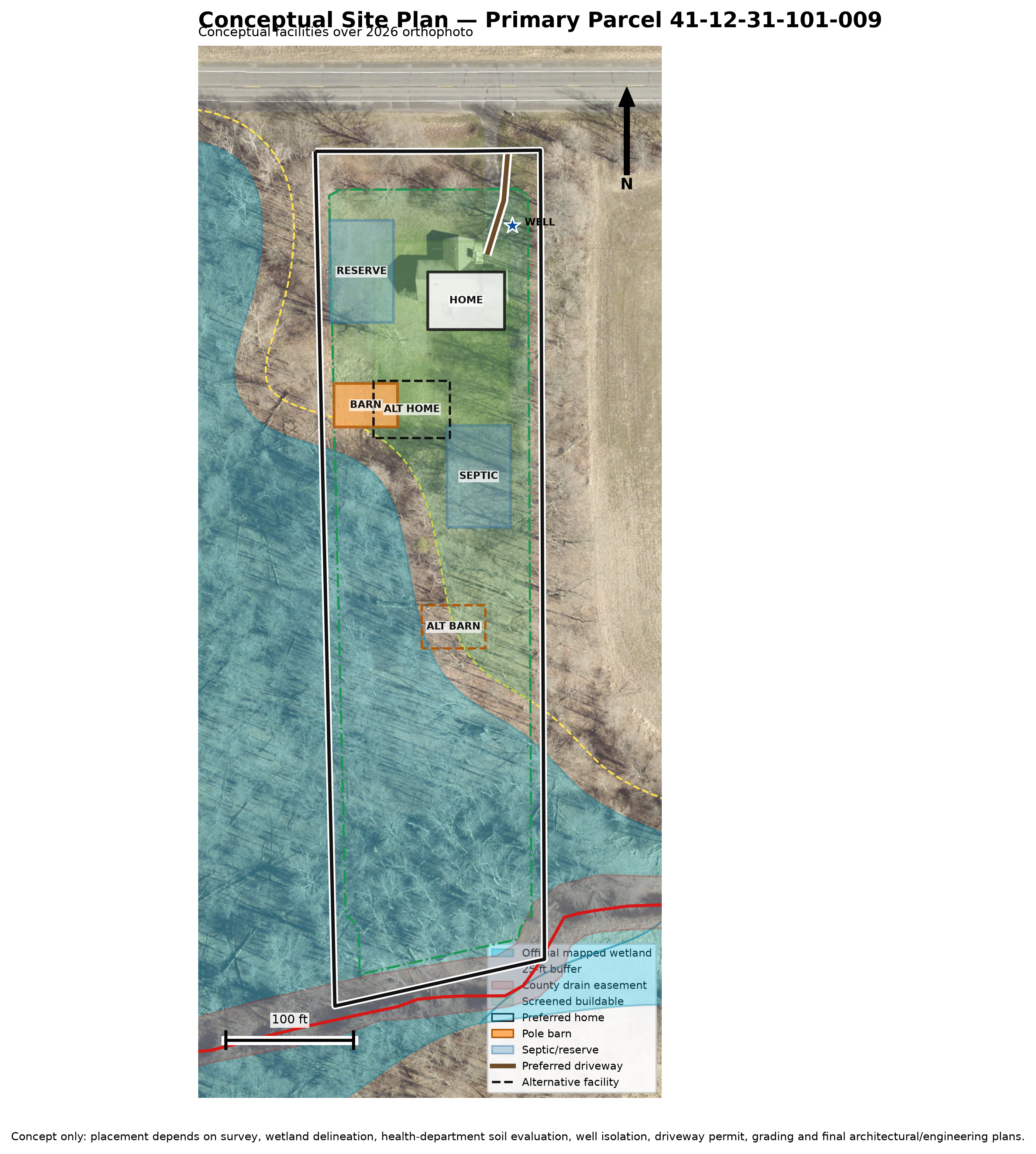 Sample Landery concept showing a potential home, septic reserve, well, driveway and mapped constraints
